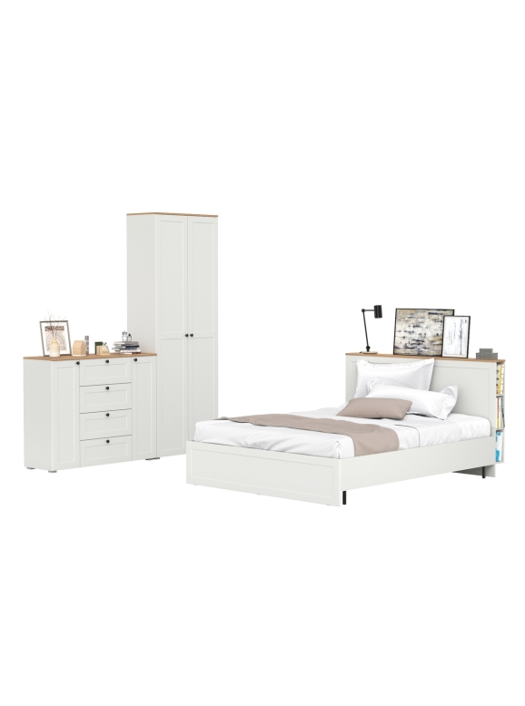 Остин 11.53 Кровать + ортопед + 16.307 Шкаф + 16.221 Комод, цвет белый шагрень/дуб крафт золотой, сп. м. 1600х2000 мм, б/м