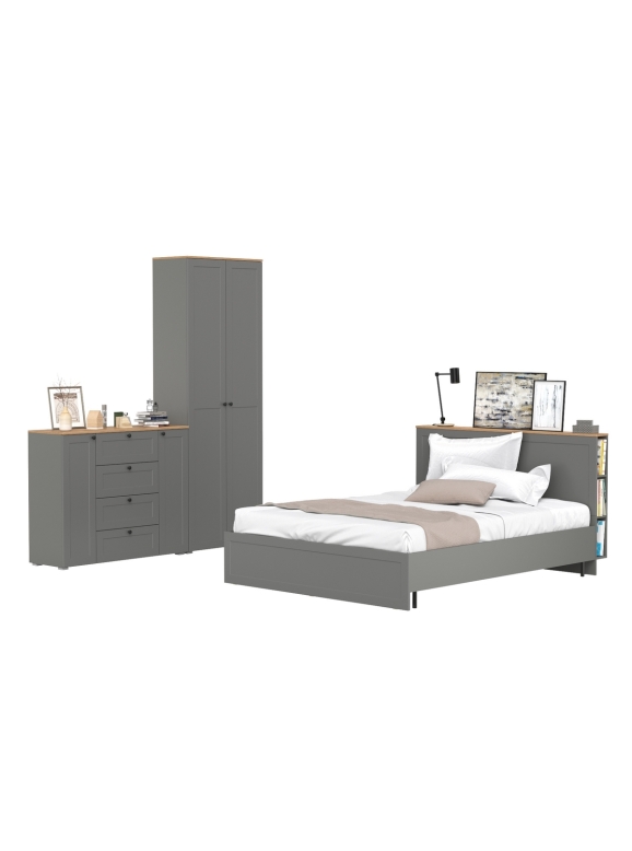 Остин 11.53 Кровать + ортопед + 16.307 Шкаф + 16.221 Комод, цвет серый графит/дуб крафт золотой, сп. м. 1600х2000 мм, б/м