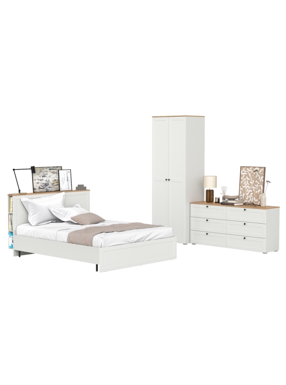 Остин 11.53 Кровать + ортопед + 13.336.02 Шкаф для одежды + 16.240 Комод, цвет белый шагрень/дуб крафт золотой, сп. м. 1600х2000 мм, б/м