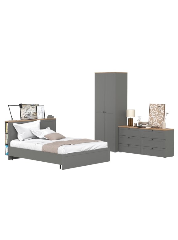 Остин 11.53 Кровать + ортопед + 13.336.02 Шкаф для одежды + 16.240 Комод, цвет серый графит/дуб крафт золотой, сп. м. 1600х2000 мм, б/м