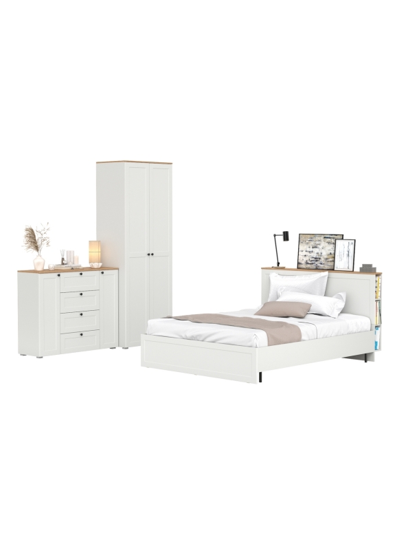 Остин 11.53 Кровать + ортопед + 13.336.02 Шкаф для одежды + 16.221 Комод, цвет белый шагрень/дуб крафт золотой, сп. м. 1600х2000 мм, б/м