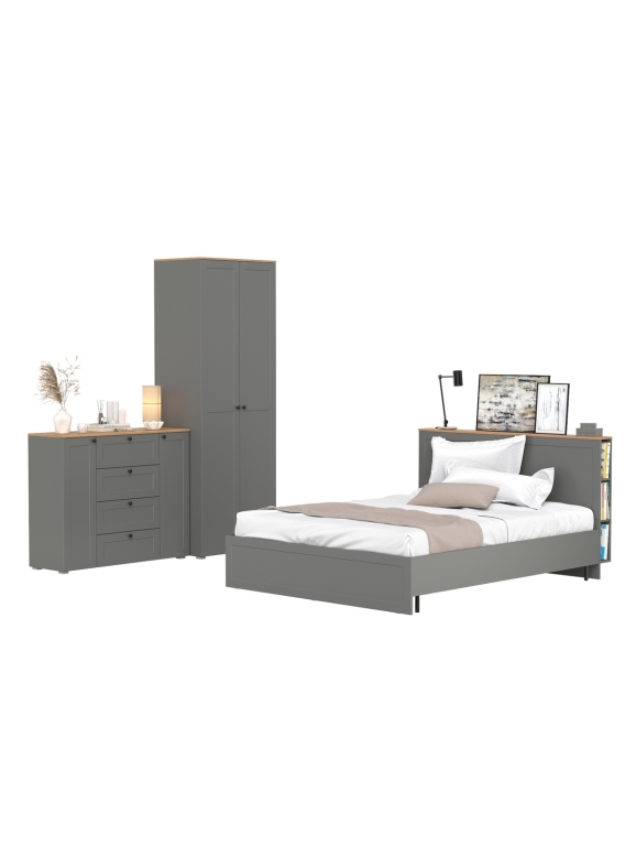 Остин 11.53 Кровать + ортопед + 13.336.02 Шкаф для одежды + 16.221 Комод, цвет серый графит/дуб крафт золотой, сп. м. 1600х2000 мм, б/м