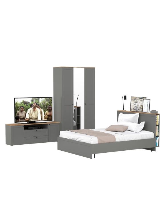 Остин 11.53 Кровать + ортопед + 13.336.03 Шкаф для одежды + 16.47 Тумба под ТВ, цвет серый графит/дуб крафт золотой, сп. м. 1600х2000 мм, б/м