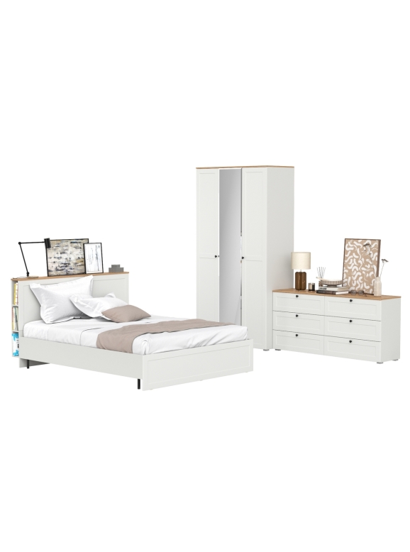 Остин 11.53 Кровать + ортопед + 13.336.03 Шкаф для одежды + 16.240 Комод, цвет белый шагрень/дуб крафт золотой, сп. м. 1600х2000 мм, б/м