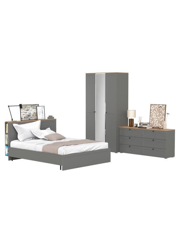 Остин 11.53 Кровать + ортопед + 13.336.03 Шкаф для одежды + 16.240 Комод, цвет серый графит/дуб крафт золотой, сп. м. 1600х2000 мм, б/м