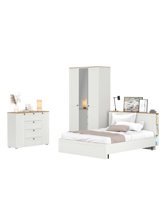 Остин 11.53 Кровать + ортопед + 13.336.03 Шкаф для одежды + 16.221 Комод, цвет белый шагрень/дуб крафт золотой, сп. м. 1600х2000 мм, б/м