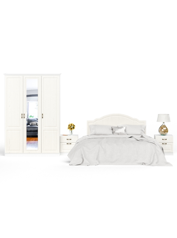 Ливерпуль Спальня № 1 Кровать 11.08ОСН + две Тумбы 08.146 + Шкаф 08.45Н + карниз, цвет ясень ваниль/белый, сп. м. 1600х2000 мм., б/м, ортопед есть