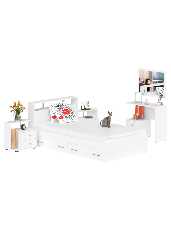 Камелия спальня № 13 Кровать с ящиками 1200 + Две тумбы + Стол косметич. + Зеркало, цвет белый, сп.м. 1200х2000 мм., б/м, основание есть