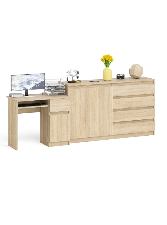 Мори Стол компьютерный МС-1 правый + Комод МК1600.1, цвет дуб сонома, ШхГхВ 250,4х50х94 см., выдвижной ящик справа, НЕ универсальная сборка