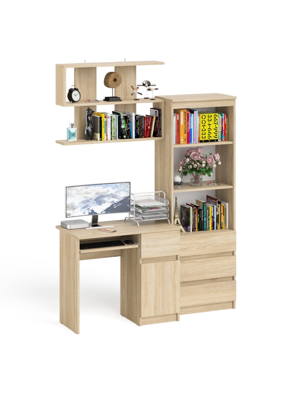Мори Стол компьютерный МС-1 правый + Стеллаж МСТ600.3 + Полка 900, цвет дуб сонома, ШхГхВ 150,4х50х209,6 см., НЕ универсальная сборка
