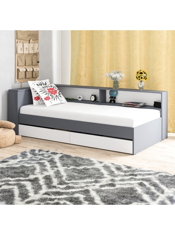 Ксения Кровать с ящиками 0900 + прикроватный блок, цвет графит/белый, ШхГхВ 118х221,6х72 см., сп.м. 900х2000 мм., б/м, осн. есть, ун. сб.