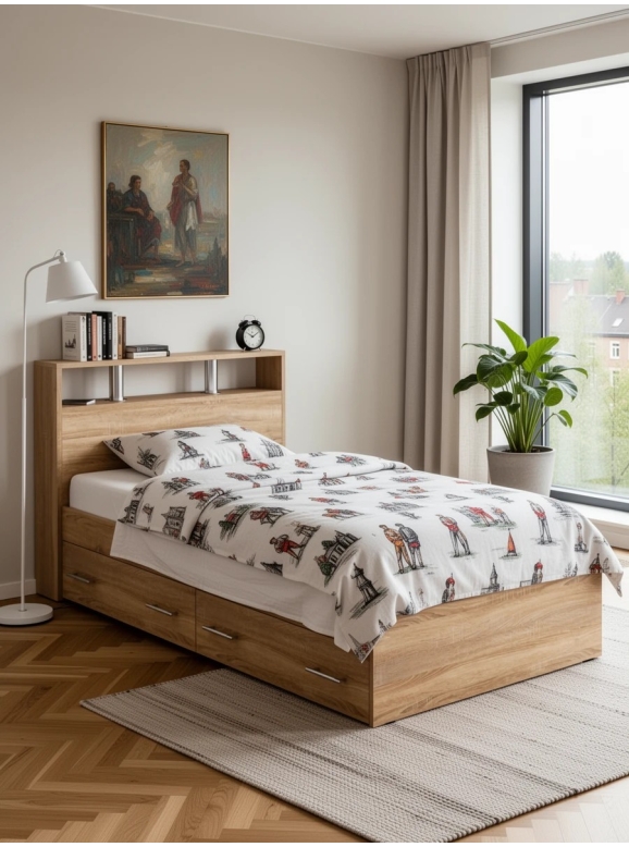 Камелия Кровать с ящиками 0900, цвет дуб сонома, ШхГхВ 93,5х217х78,2 см., сп.м. 900х2000 мм., без матраса, основание есть