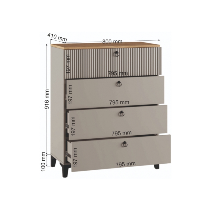 Комод Ника 4Я ПВШ бежевый мат-05 / кашемир / дуб делано