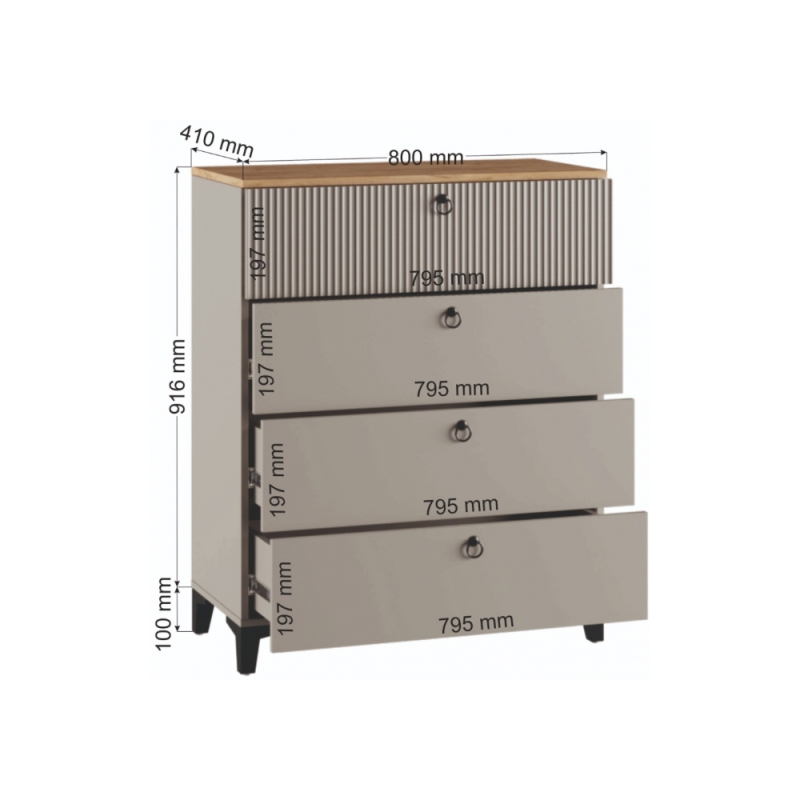 Комод Ника 4Я ПВШ бежевый мат-05 / кашемир / дуб делано