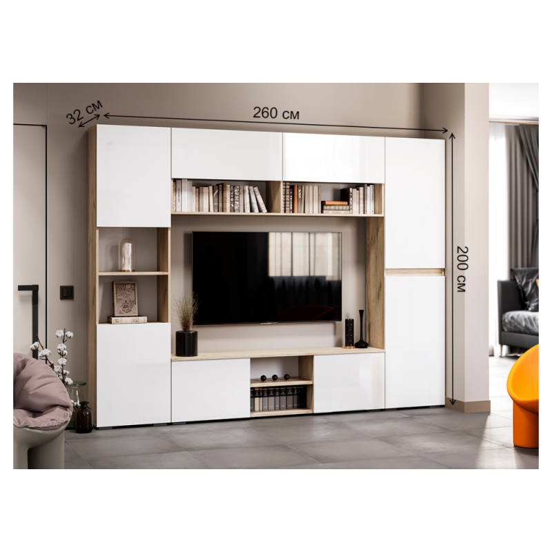 Модульная гостиная Алетра дуб крафт серый / глянец белый комплектация 2