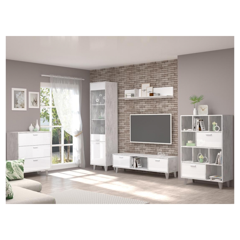 ТВ-тумба Эго Т-3 на ножках бетон светлый / белый глянец