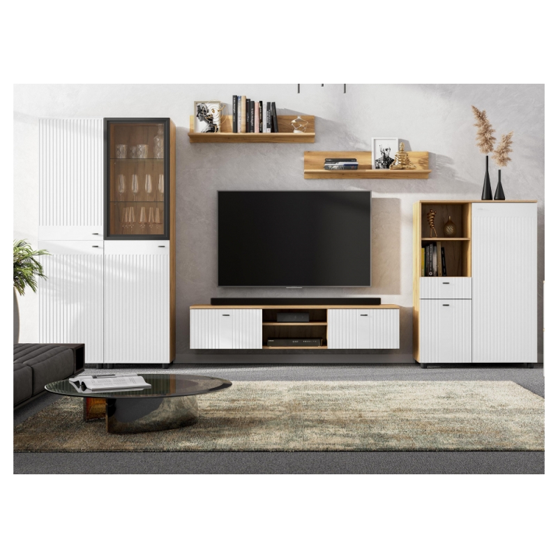 Витрина Эдолина дуб золотой / черный / белый матовый