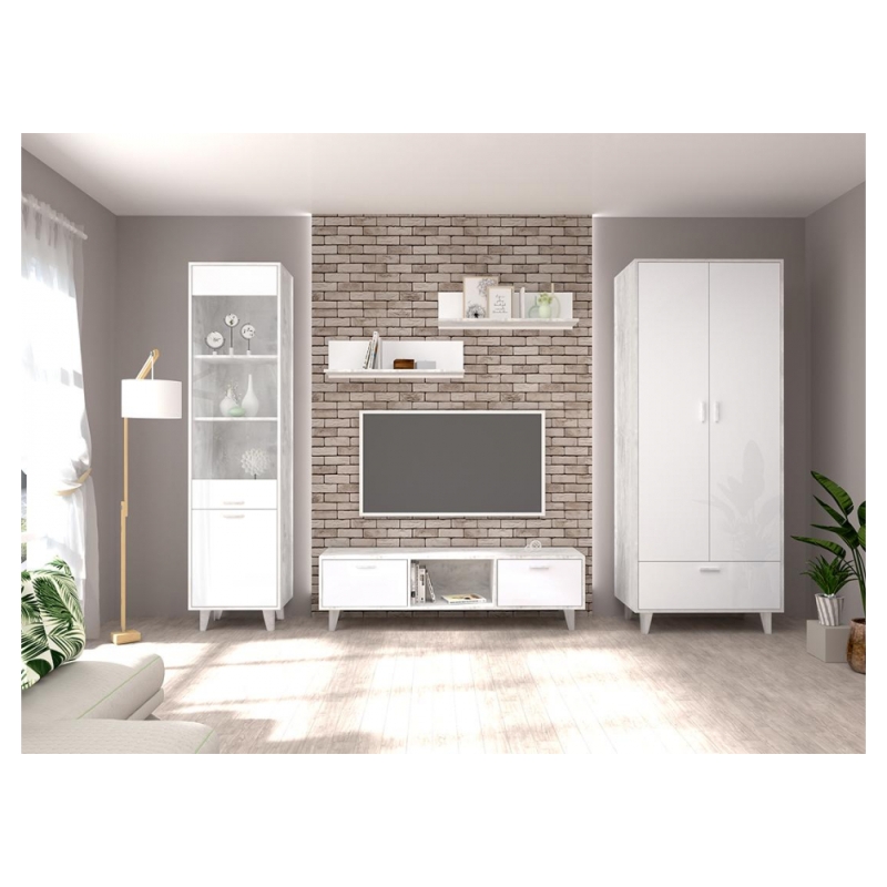 Витрина Эго ПС-1 на ножках бетон светлый / белый глянец