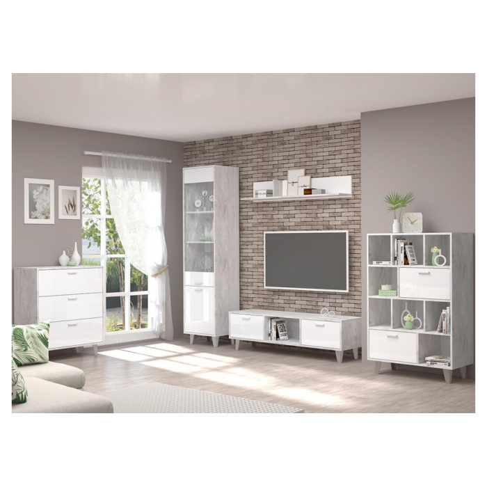 Витрина Эго ПС-1 на ножках бетон светлый / белый глянец