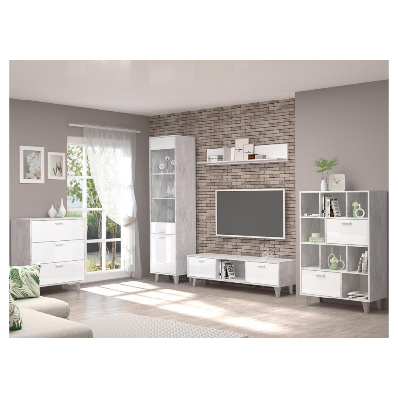 Витрина Эго ПС-1 на ножках бетон светлый / белый глянец