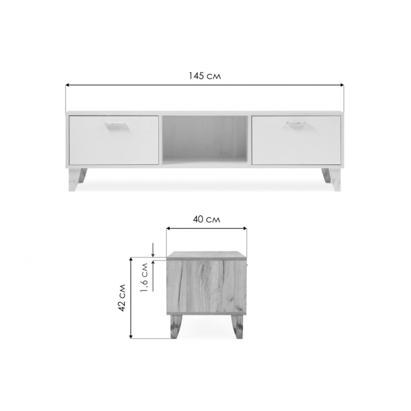 ТВ-тумба Эго Т-3 на ножках бетон светлый / белый глянец