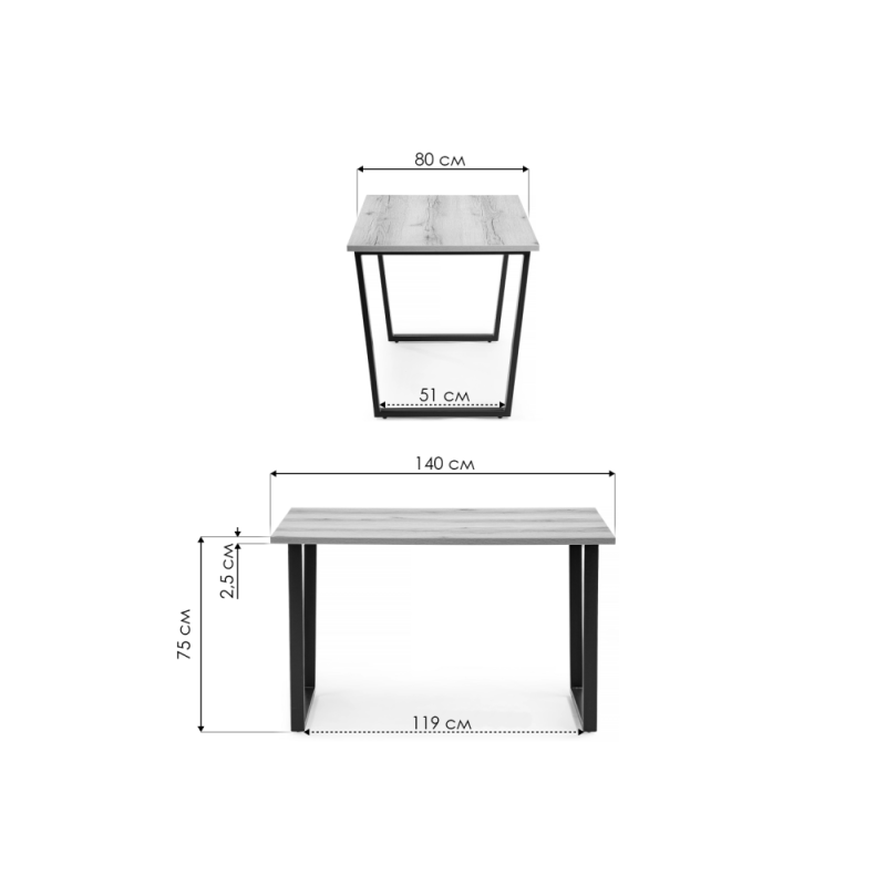 Стол Лота Лофт 140х80х75 25 мм черный матовый / бетон