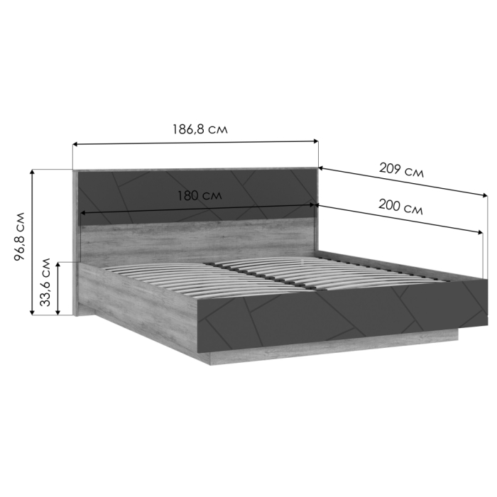 Двуспальная кровать Диамо КР 02 180х200 софт графит / дуб каньон